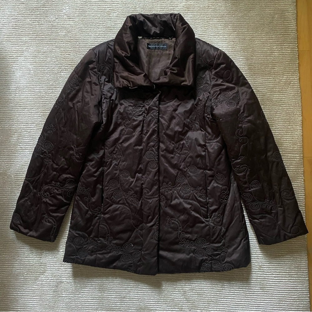 Dana Buchman Embroidered Brown Cotton Blend Puffer Coat Jacket Size L